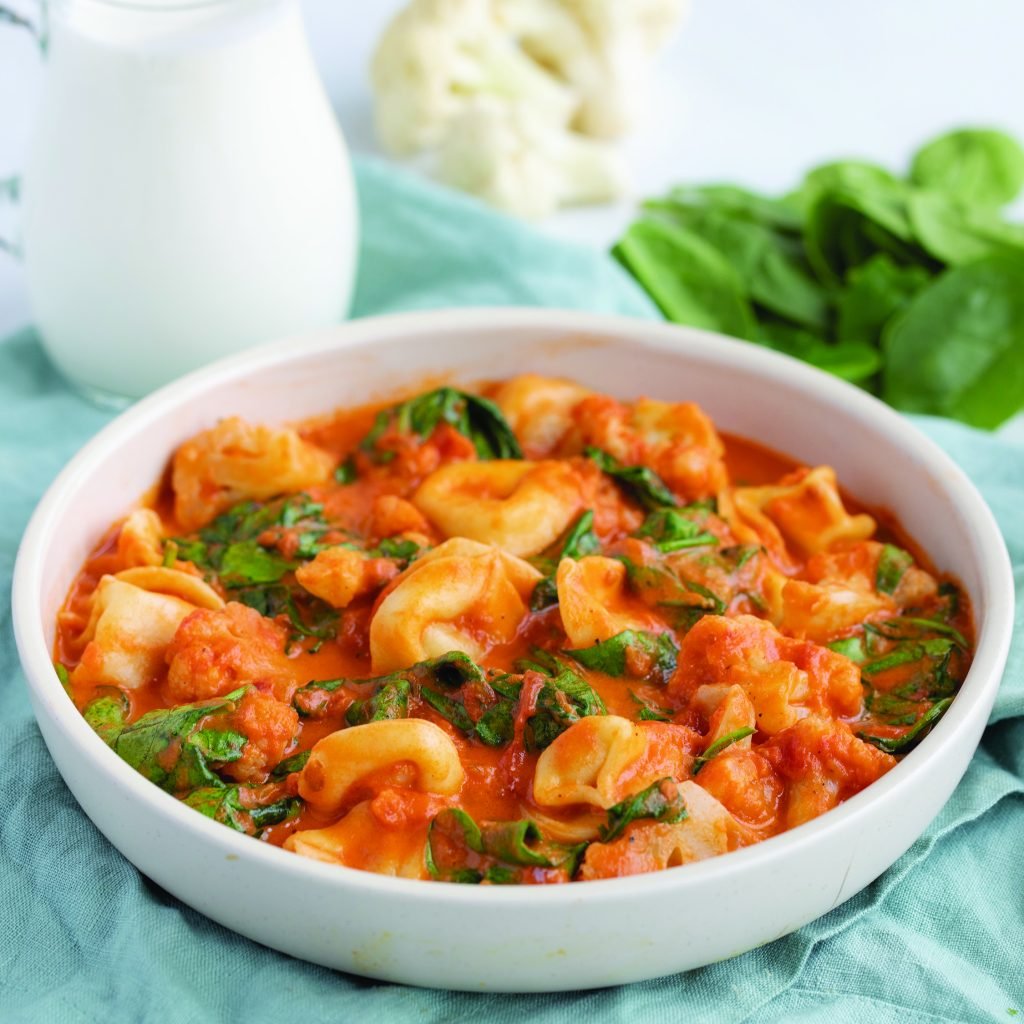 Cheese Tortellini with Cauliflower in Creamy Spinach Marinara